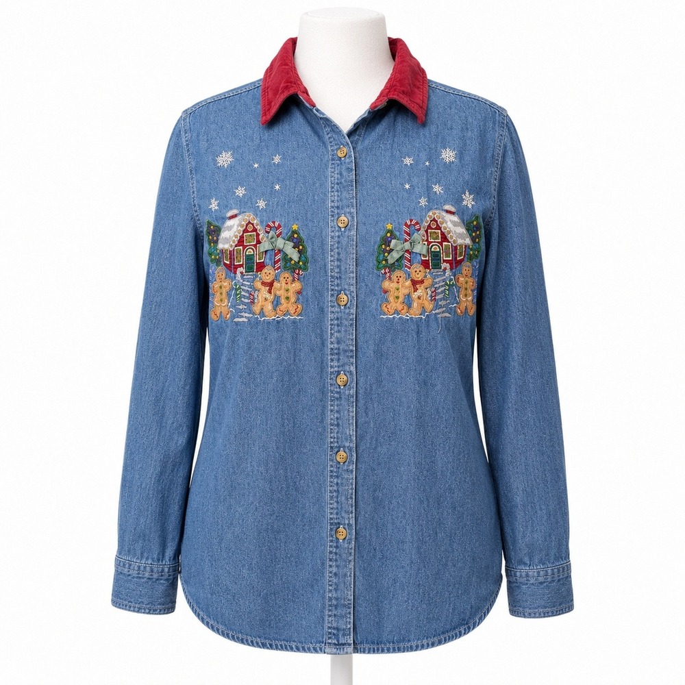 Vintage 90s Chistmas Embroidered Denim Button Shirt Size XL Novelty Gingerbread
